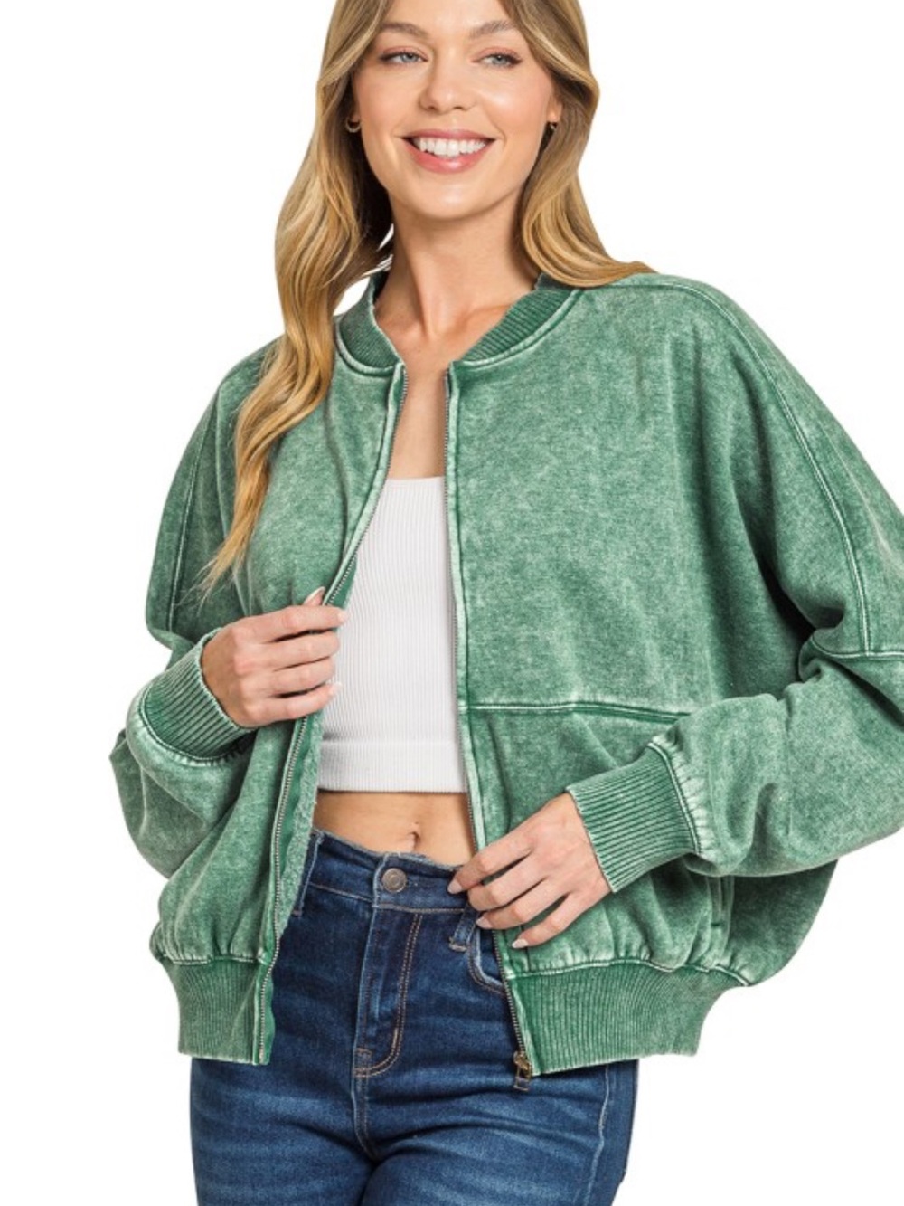 Zenana DK Green Fleece Bomber Jacket and Wide Leg Sweatpants Set - Picture 2 of 3